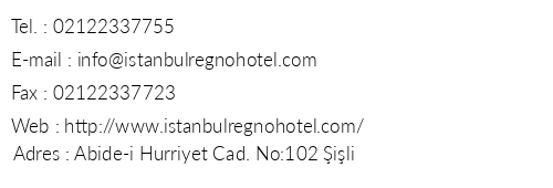 Regno Hotel telefon numaralar, faks, e-mail, posta adresi ve iletiim bilgileri